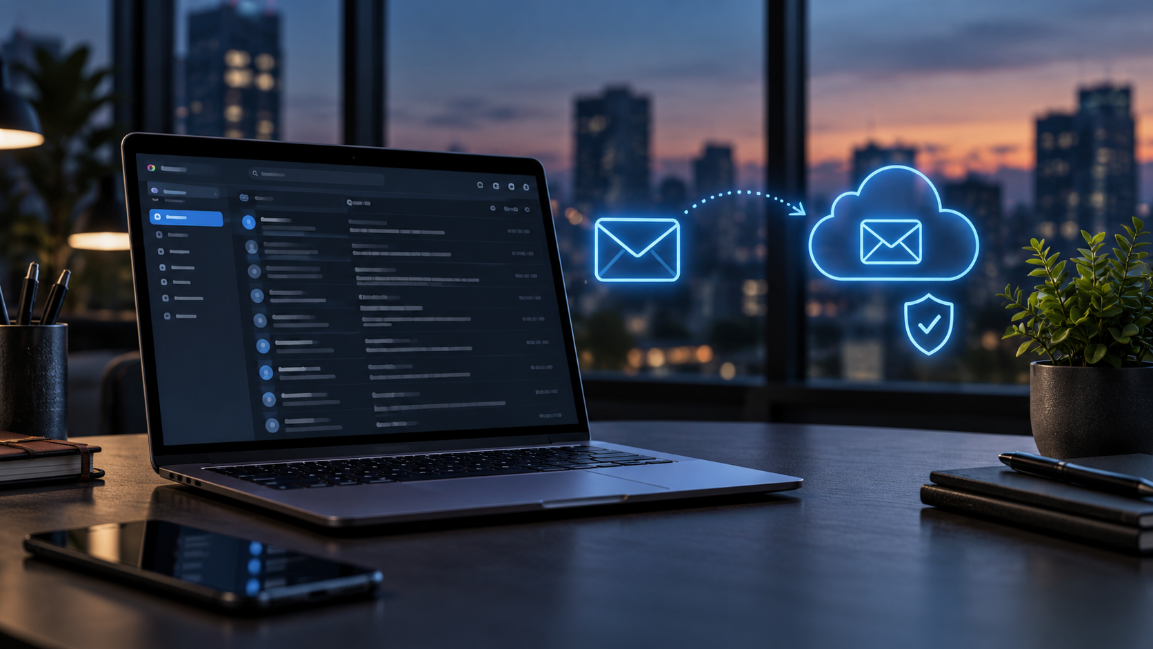 Portátil con correo empresarial y símbolos de migración segura a la nube de Microsoft 365.