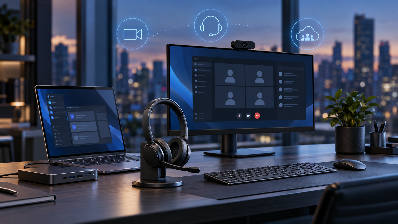 Puesto de trabajo con portátil, monitor, webcam, auriculares y base de conexión para Microsoft 365.